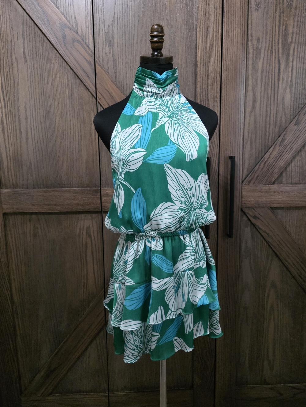 Ramy Brook Emerald Green Floral Halter Mini Dress